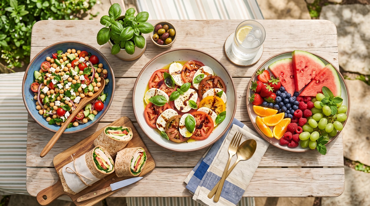 A colorful no-cook summer meal spread including Caprese salad, chickpea salad, and fresh fruit