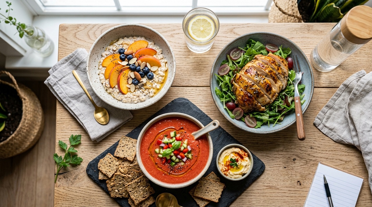 Flat-lay of a sample day of no-cook meals including overnight oats, chicken salad, and gazpacho