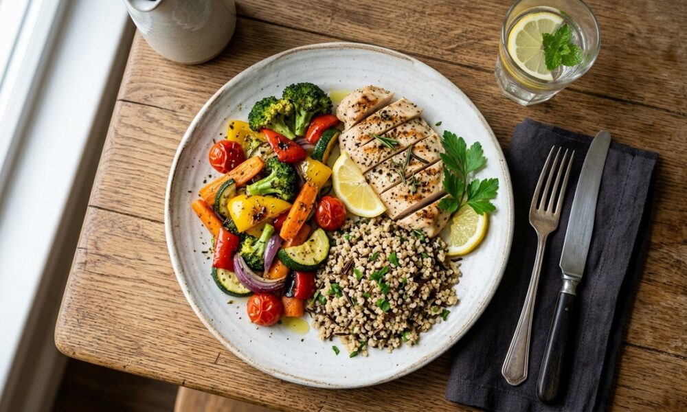 Overhead view of a balanced dinner plate with vegetables, whole grains, and lean protein, illustrating nutrition basics
