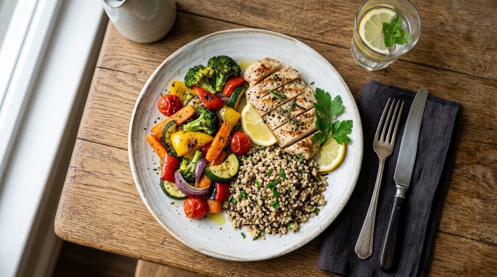 Overhead view of a balanced dinner plate with vegetables, whole grains, and lean protein, illustrating nutrition basics