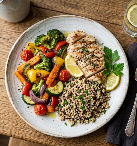 Overhead view of a balanced dinner plate with vegetables, whole grains, and lean protein, illustrating nutrition basics