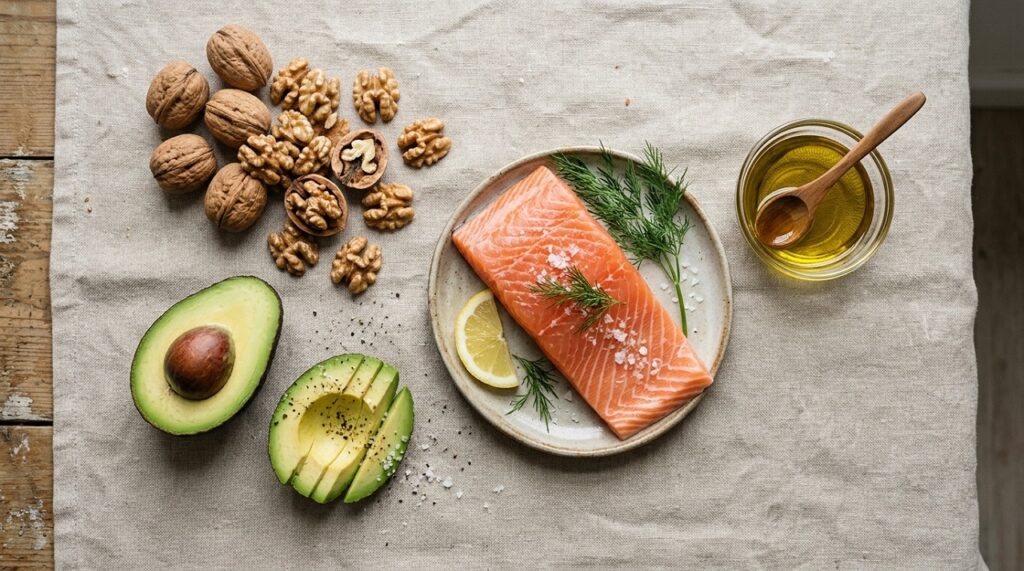 Flat-lay of healthy fat sources including avocado, olive oil, walnuts, and salmon