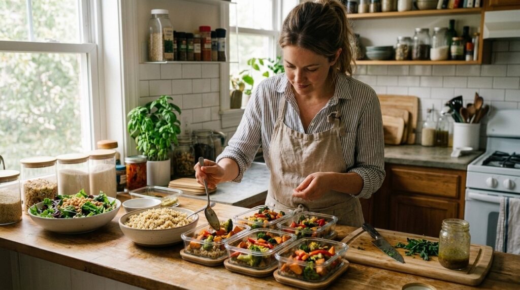 Person meal-prepping balanced meals in a home kitchen, portioning vegetables and whole grains into containers