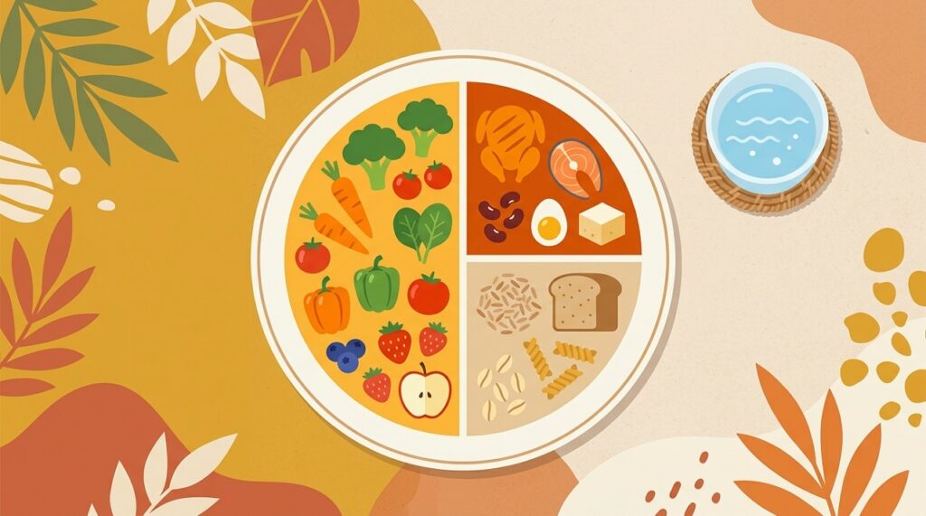 Illustration of the MyPlate model showing proportions of vegetables, protein, and whole grains for a balanced meal