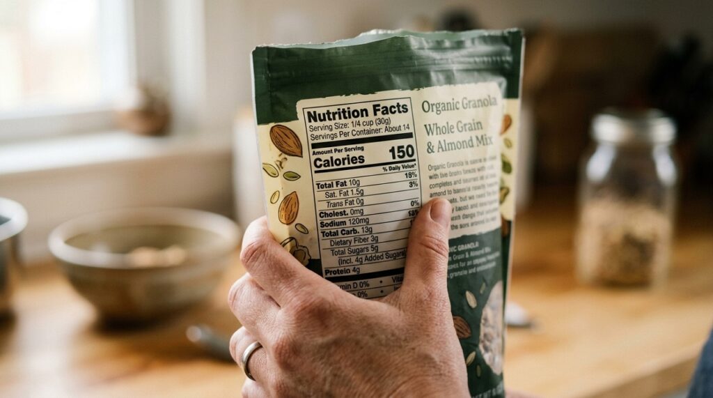 Close-up of a hand reading a Nutrition Facts label on a food package