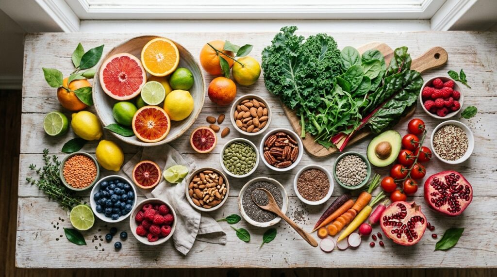 Flat-lay of vitamin- and mineral-rich foods including citrus fruit, leafy greens, nuts, and seeds