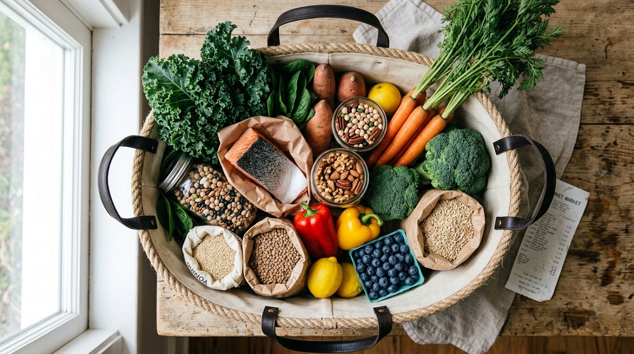 Grocery basket filled with low-glycemic whole foods for a PCOS meal plan