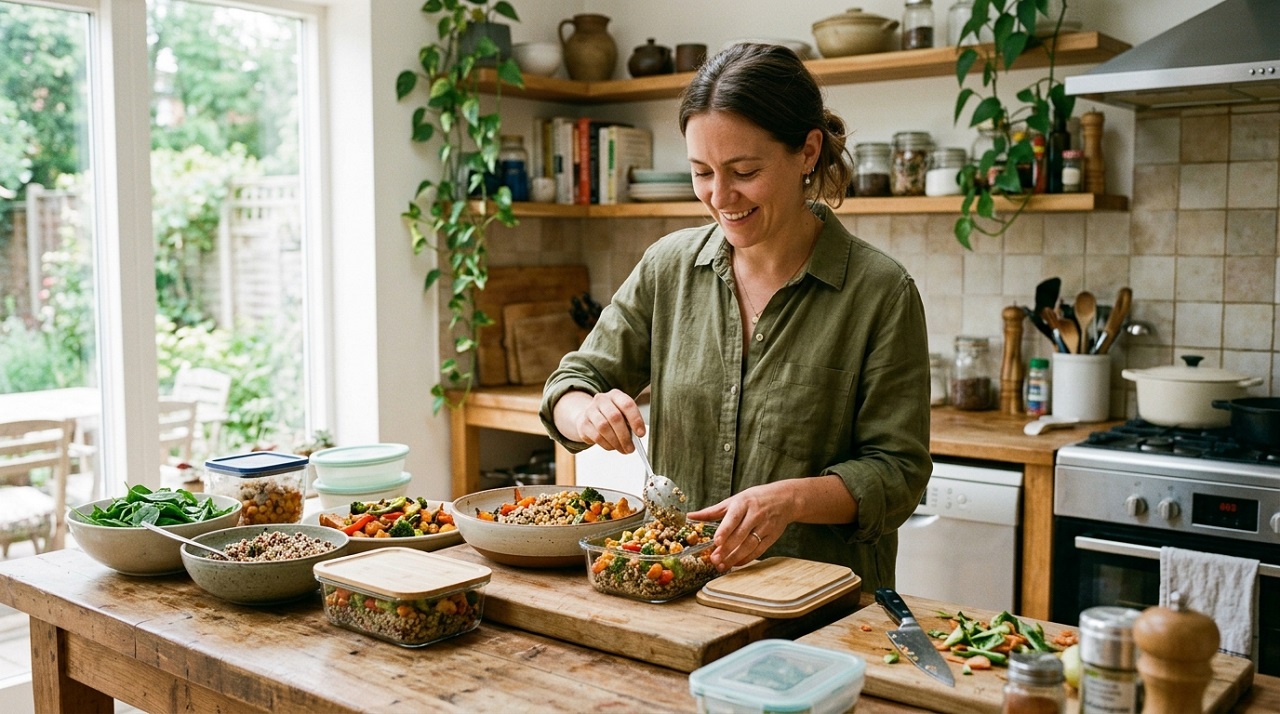 Person meal-prepping low-glycemic meals into containers for the week