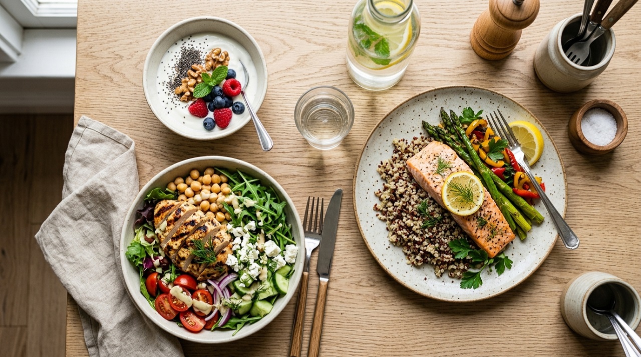 Flat-lay of a sample day of low-glycemic PCOS meals including yogurt with chia, chicken salad, and baked salmon