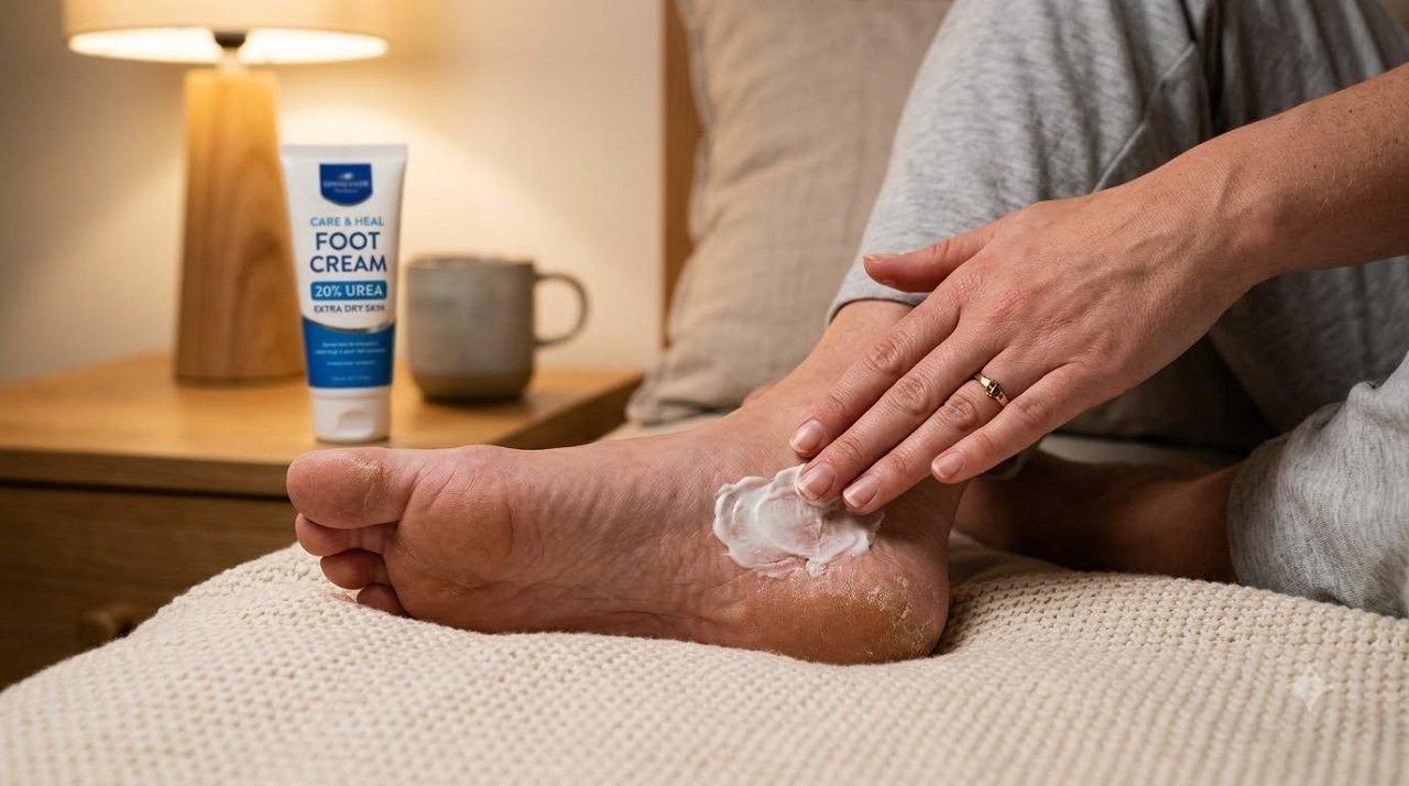 Applying 20% urea cream to soften hard, cracked heel skin