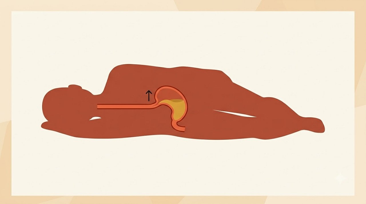 Illustration showing why left-side sleeping helps keep stomach acid below the esophagus