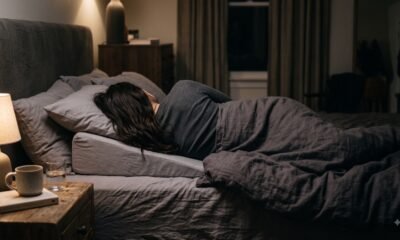 Person sleeping on their left side with a wedge pillow to reduce nighttime acid reflux