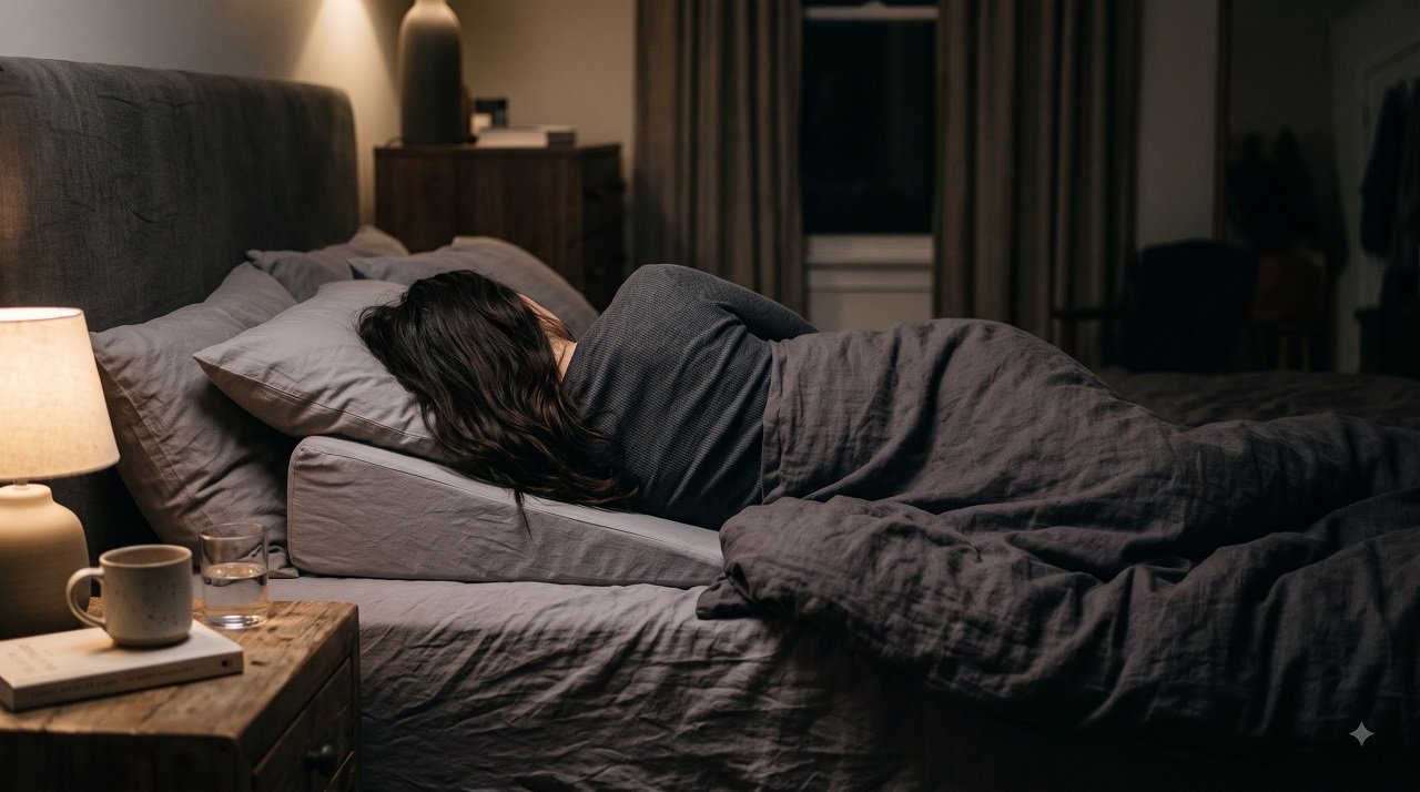 Person sleeping on their left side with a wedge pillow to reduce nighttime acid reflux