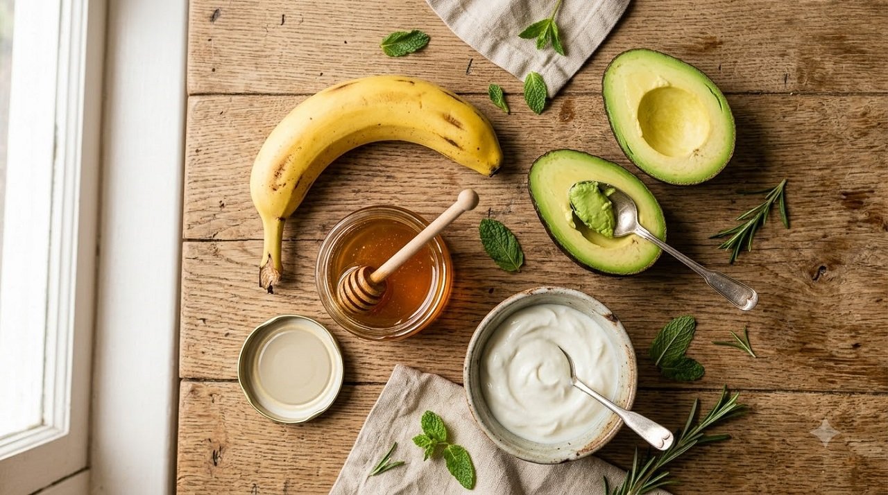 Natural foot mask ingredients including banana, honey, avocado, and yogurt