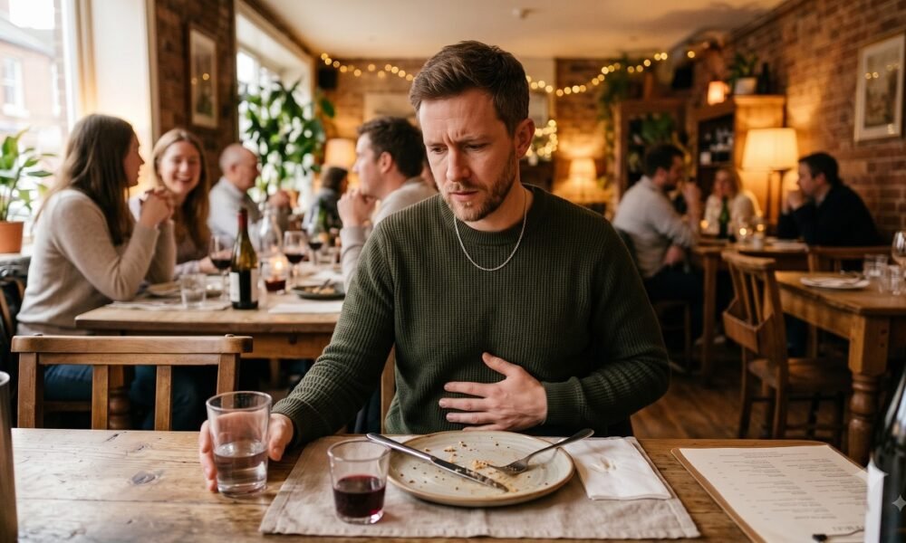 Person experiencing mild bloating discomfort after a meal at the dining table