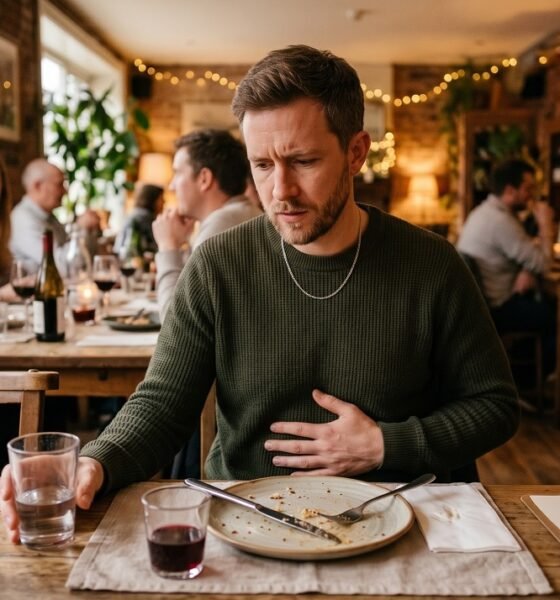 Person experiencing mild bloating discomfort after a meal at the dining table