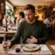 Person experiencing mild bloating discomfort after a meal at the dining table