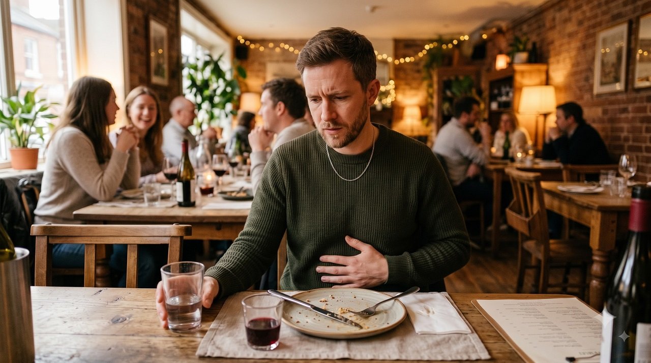 Person experiencing mild bloating discomfort after a meal at the dining table