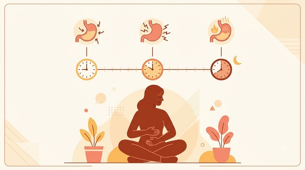 Illustration of a person tracking bloating timing after a meal to identify the likely cause