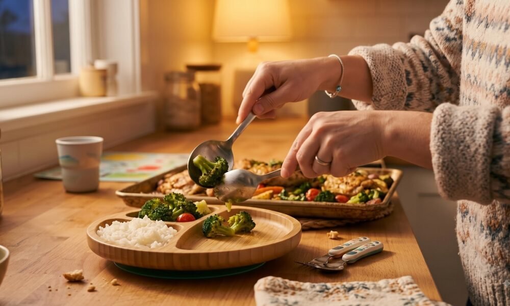 a parent quickly plating a sheet-pan dinner directly from the pan onto a kid's plate