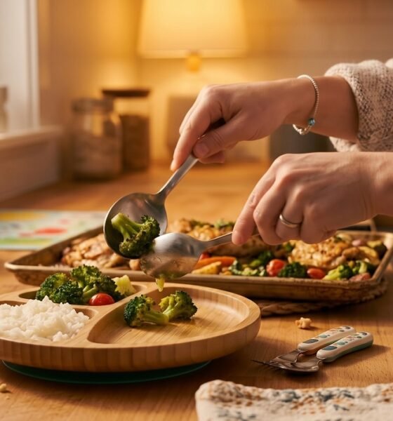 a parent quickly plating a sheet-pan dinner directly from the pan onto a kid's plate