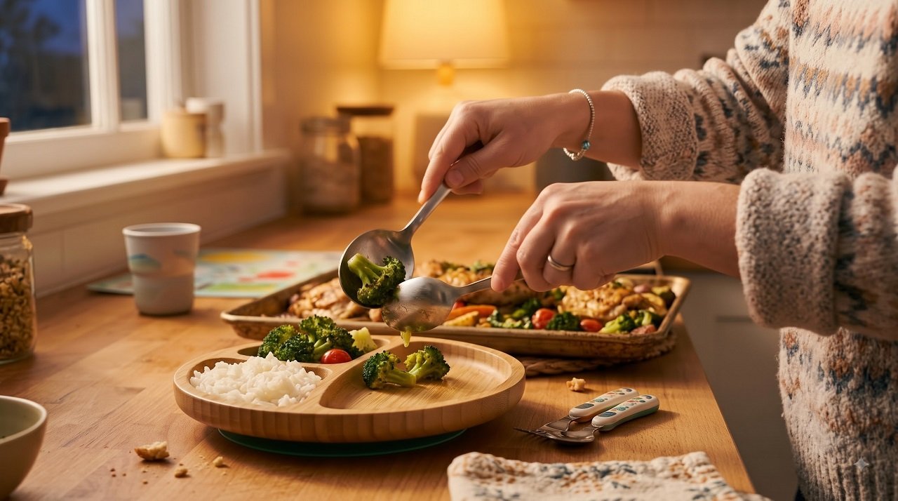 a parent quickly plating a sheet-pan dinner directly from the pan onto a kid's plate