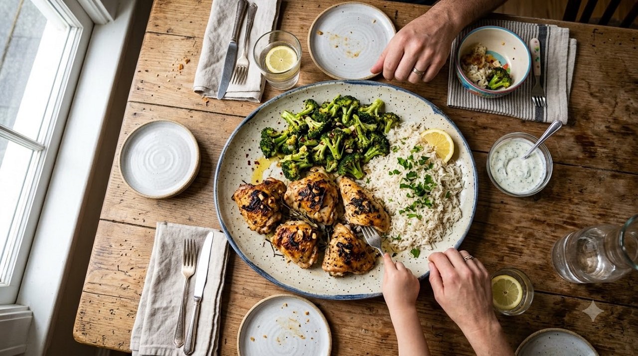A family-style sheet-pan chicken and vegetable meal ready to serve