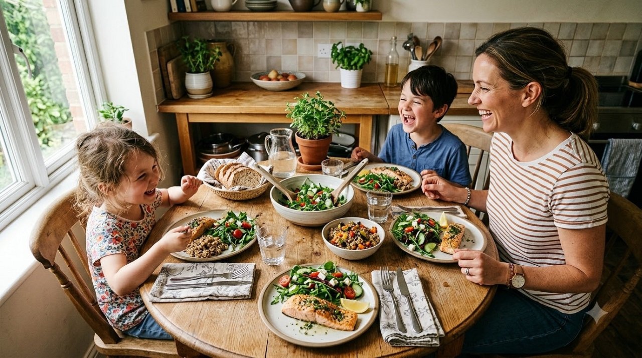 Family enjoying a heart-healthy meal of salmon, salad, and whole grains together at the dinner table