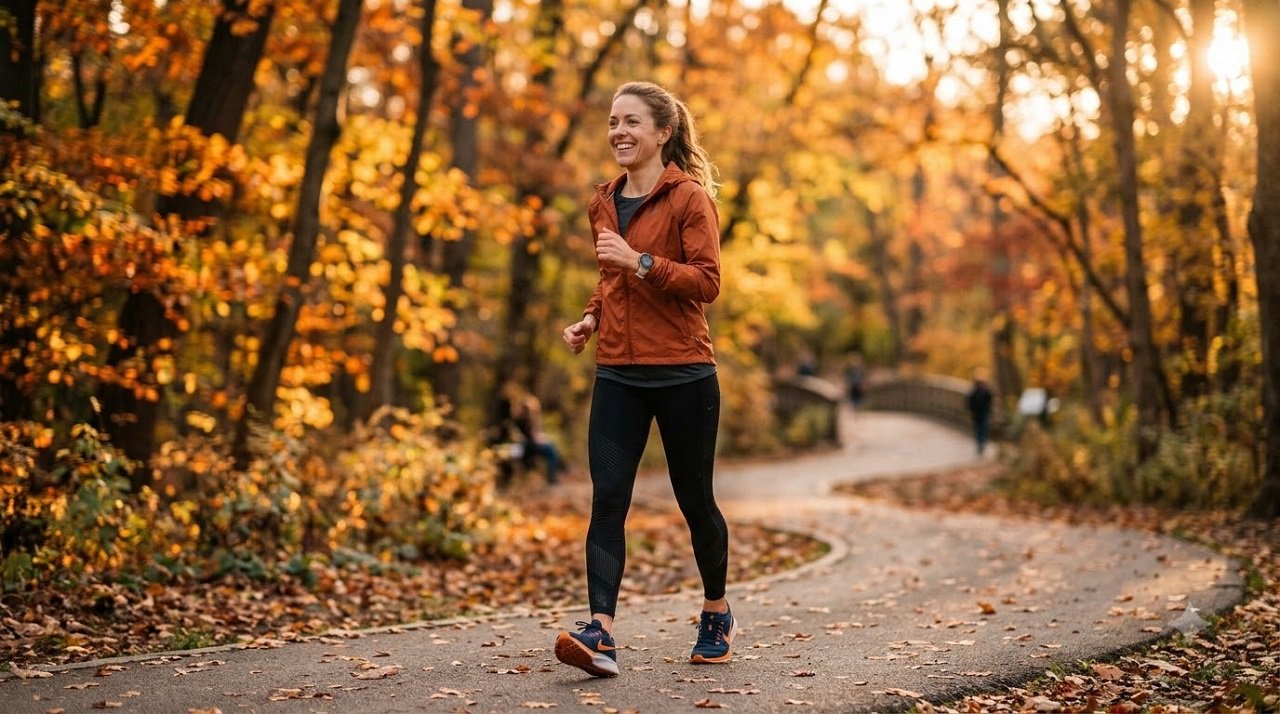 Woman walking briskly outdoors as part of a lifestyle routine to lower cholesterol naturally