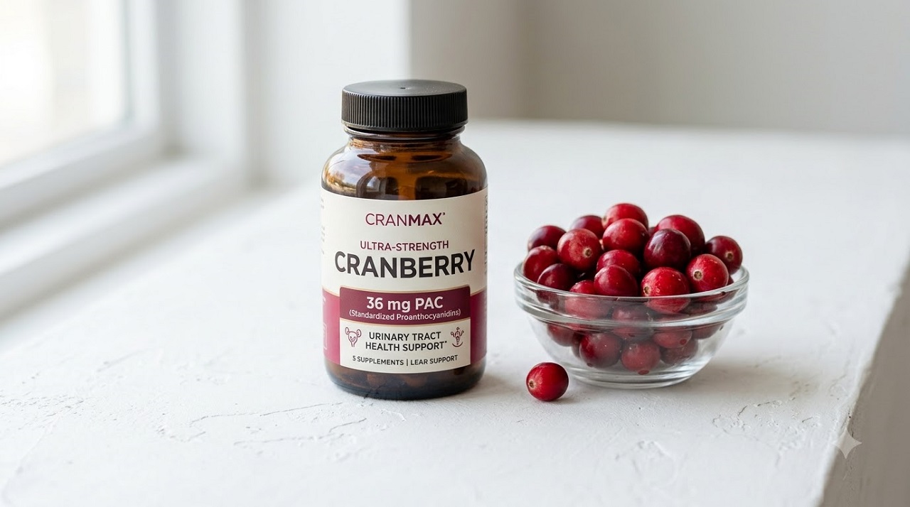 Cranberry supplement bottle showing 36mg PAC dose next to fresh cranberries
