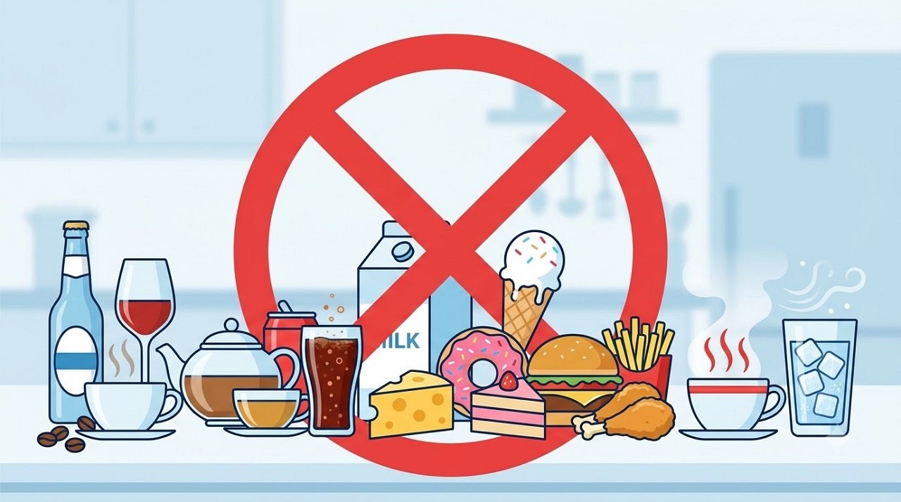 illustration aof foods and drinks to avoid during diarrhea