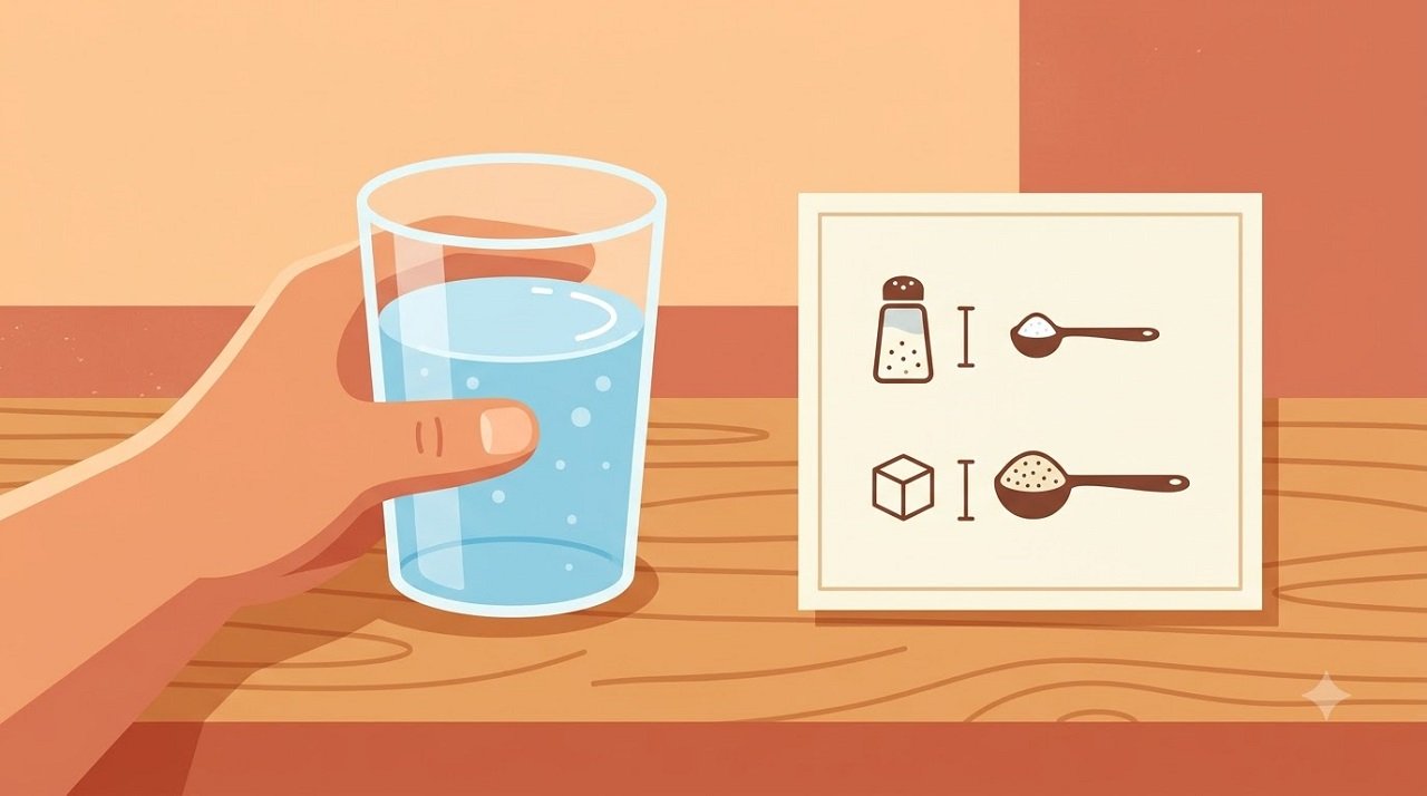 Illustration of a person preparing a homemade oral rehydration solution