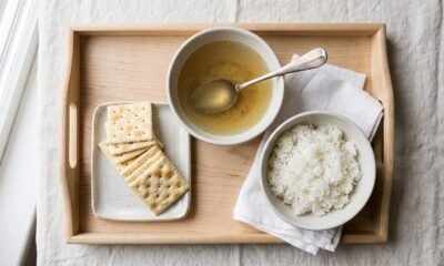 A simple bland meal of broth, crackers, and rice for recovering from diarrhea