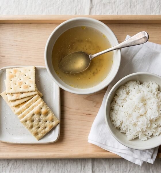 A simple bland meal of broth, crackers, and rice for recovering from diarrhea