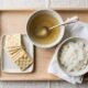 A simple bland meal of broth, crackers, and rice for recovering from diarrhea