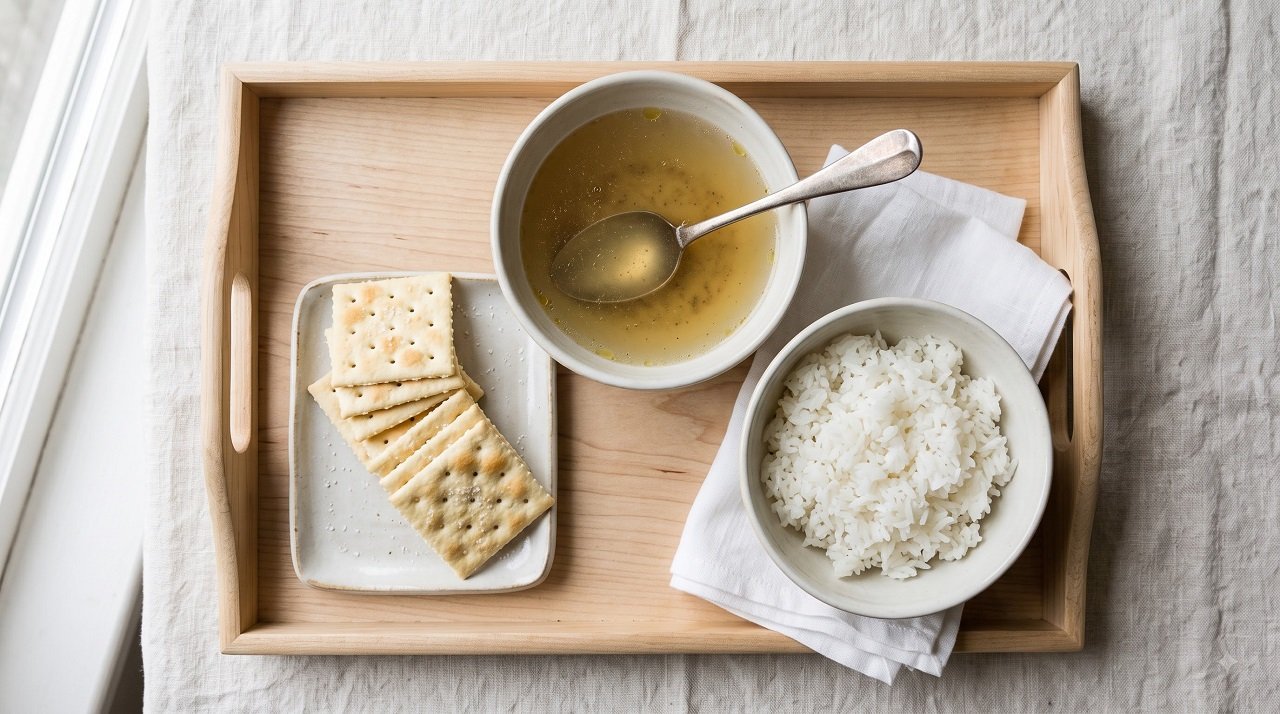 A simple bland meal of broth, crackers, and rice for recovering from diarrhea