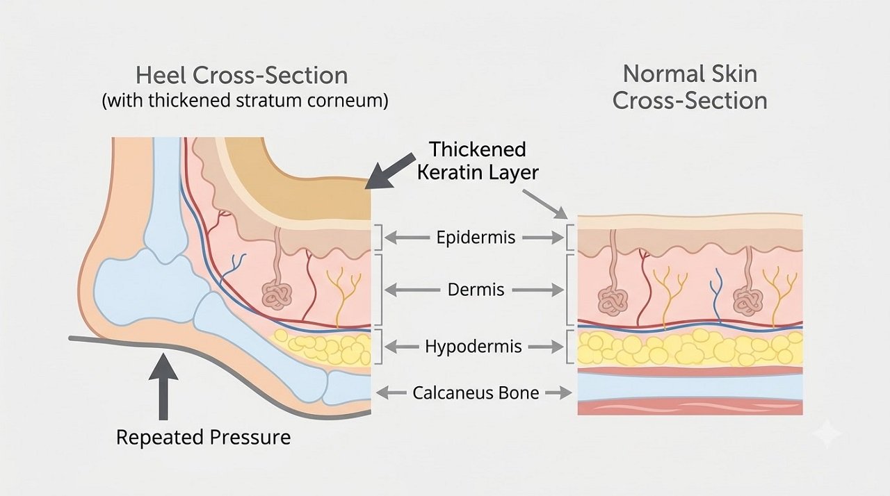 Illustration showing how repeated pressure thickens the outer skin layer on the heel