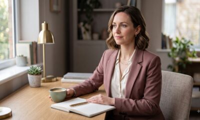 Woman sitting at a neat desk with a composed expression but distant gaze, representing the masked presentation of high-functioning depression
