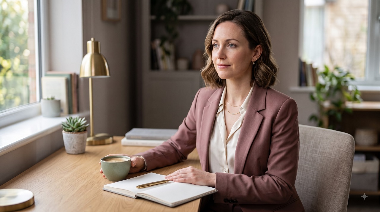 Woman sitting at a neat desk with a composed expression but distant gaze, representing the masked presentation of high-functioning depression
