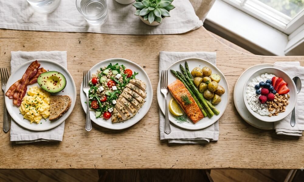 Four meals showing evenly distributed protein portions across breakfast, lunch, dinner, and a snack