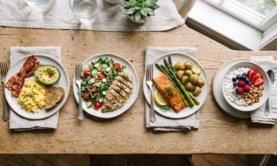 Four meals showing evenly distributed protein portions across breakfast, lunch, dinner, and a snack