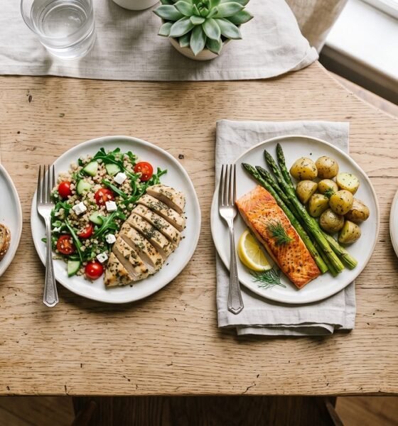 Four meals showing evenly distributed protein portions across breakfast, lunch, dinner, and a snack