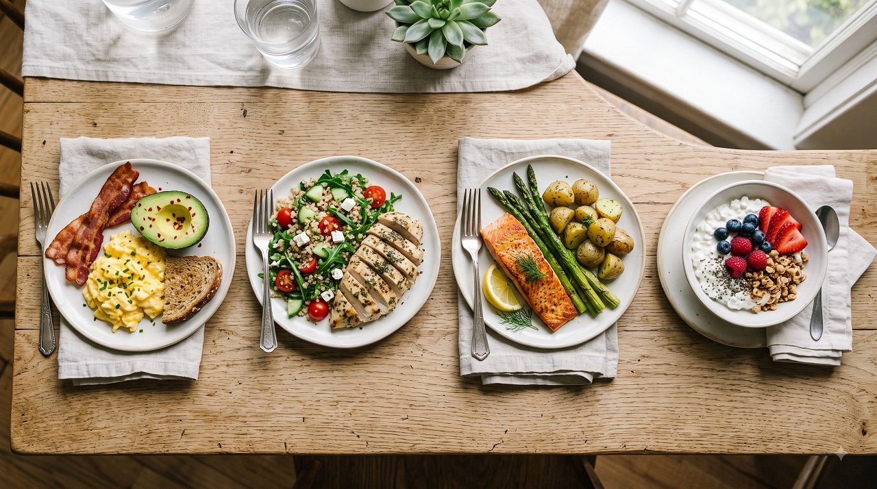 Four meals showing evenly distributed protein portions across breakfast, lunch, dinner, and a snack