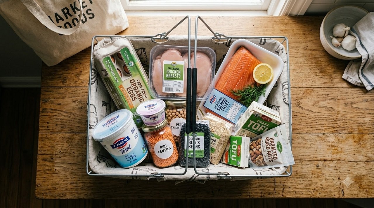 Grocery basket filled with high-protein staples including eggs, chicken, salmon, and legumes