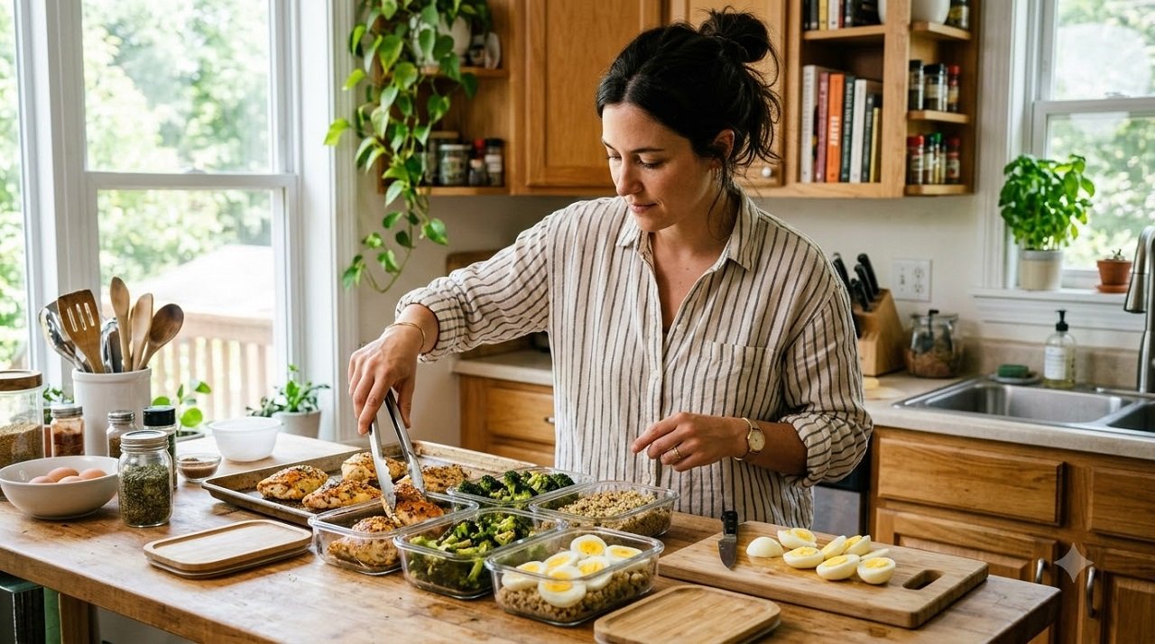 Person meal-prepping high-protein foods into containers for the week
