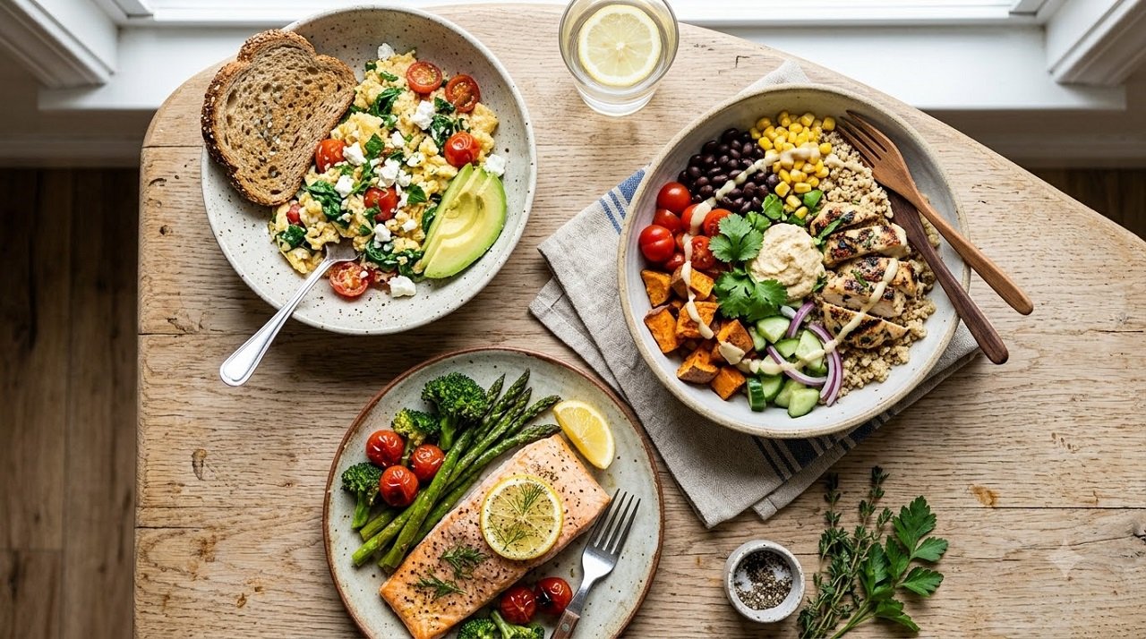 Flat-lay of a sample day of high-protein meals including eggs, grilled chicken, and baked salmon