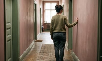 Person standing in a softly lit hallway with hand on wall, representing the quiet moment of recognizing a trauma response in yourself