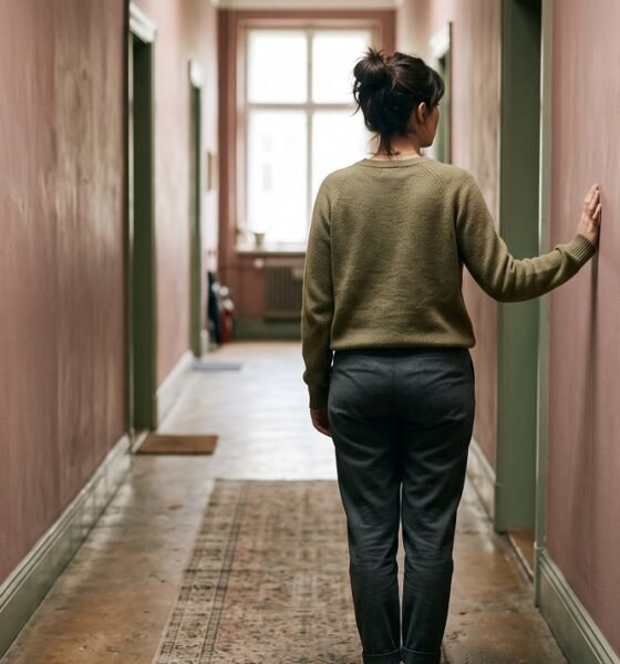 Person standing in a softly lit hallway with hand on wall, representing the quiet moment of recognizing a trauma response in yourself