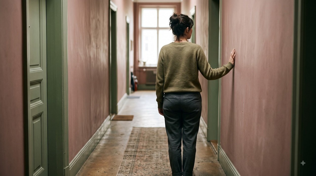 Person standing in a softly lit hallway with hand on wall, representing the quiet moment of recognizing a trauma response in yourself
