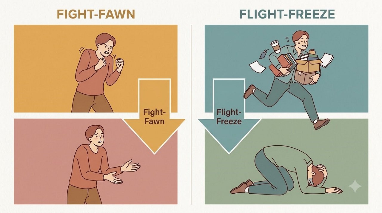 Split illustration showing fight-fawn and flight-freeze hybrid trauma response patterns through contrasting human postures